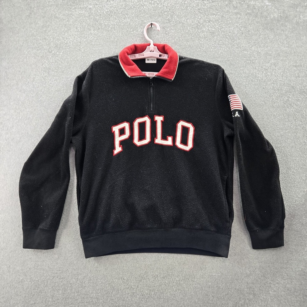 Polo Ralph Lauren Men Sweatshirt M Black Fleece USA Flag Embroidered Logo